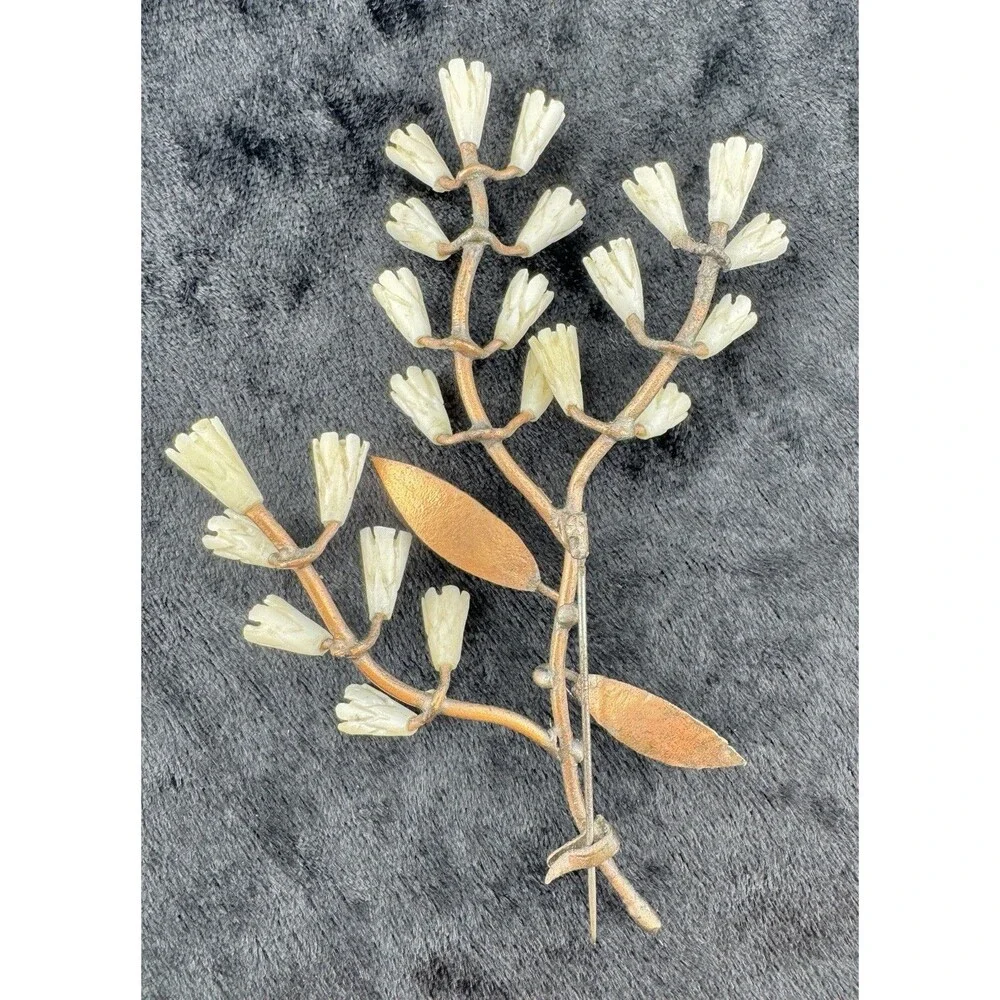 Antique Celluloid Brooch Copper Floral Branch Large Artisan 4.5”